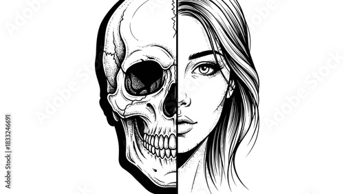 Illustration showing a woman's face merged with a skull, half of each displayed in a contrasting black and white style.