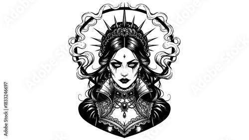 A monochrome illustration of a gothic woman wearing a crown with a halo-like design behind her.