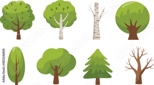 Stylized tree collection featuring diverse foliage, trunk shapes, seasonal variety, and botanical forms for nature-themed design and education.