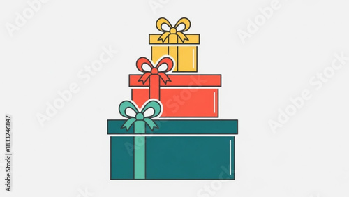 A stack of three colorful gift boxes with ribbons and bows presented in a clean modern flat design style against a light gray background