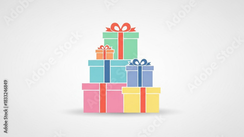 A stack of colorful gift boxes with ribbons and bows on a light gray background representing celebration and presents