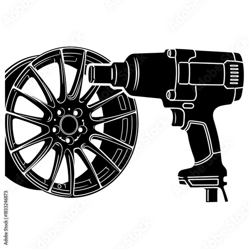 Impact Wrench and Car Wheel Illustration for Automotive Repair.
