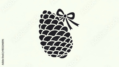 Stylized black silhouette of a pine cone adorned with a festive ribbon bow against a simple off white background representing nature and celebration