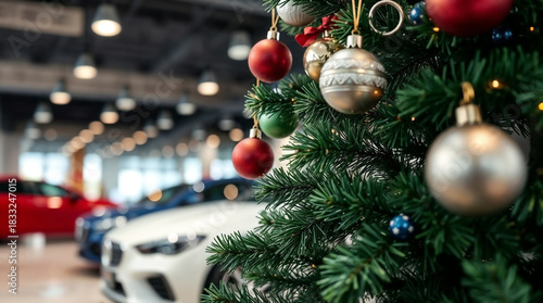 Festive Christmas tree with ornament and decoration in showroom car background
