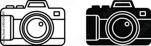 Two black and white camera illustrations in a simple modern outline style