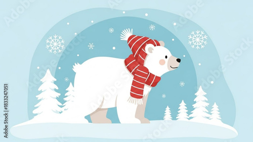 Cute cartoon polar bear wearing a red striped scarf and hat standing in a snowy winter landscape with pine trees and snowflakes falling gently