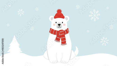Cute cartoon polar bear wearing a red knitted hat and scarf sitting in a snowy winter landscape with snowflakes falling and a stylized christmas tree
