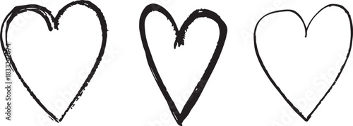 Three Hand Drawn Hearts in Black Outline on a White Background displayed origin