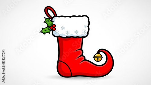 A festive cartoon illustration of a red christmas stocking with white fluffy trim adorned with snowflakes a sprig of holly with red berries and a curled toe with a golden jingle bell