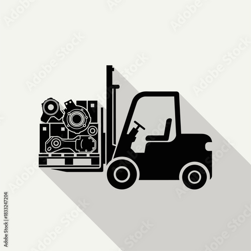 Industrial forklift truck carrying a pallet of machine parts.