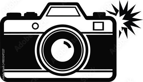 Simple black and white illustration of a vintage camera with a flash