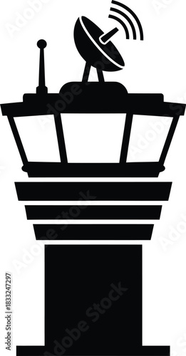 A simple black silhouette of an airport control tower with a satellite dish