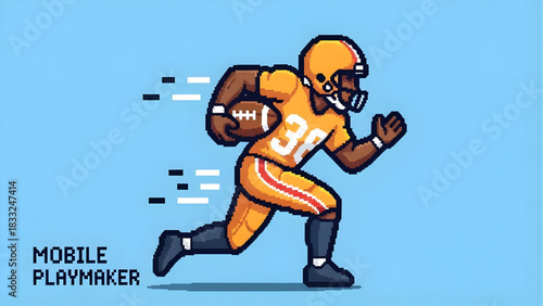 Dynamic 8-bit pixel art illustration of an American football athlete running for a touchdown, isolated on a blue background