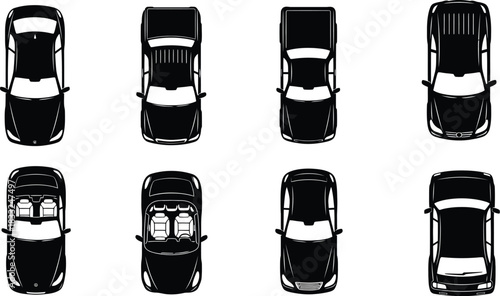 Overhead view of various car models isolated on a white background