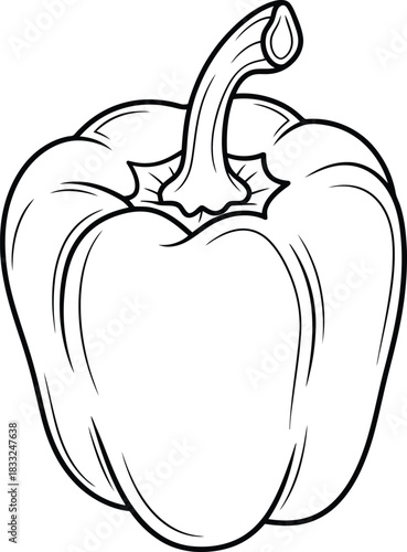 A detailed black and white illustration of a single bell pepper