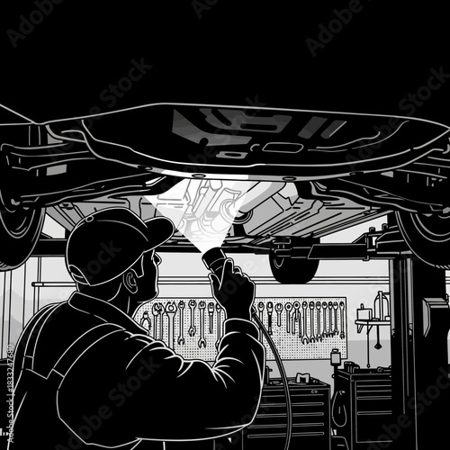 Mechanic Inspecting Car Undercarriage with Flashlight in Workshop.