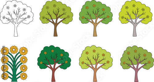 Tree and flower plant collection with diverse foliage, trunk colors, and seasonal variety for nature-themed design and education.