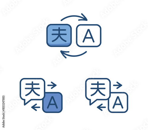 Digital icons illustrate the concept of language translation and interpretation between different written scripts.