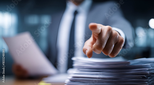 A suited individual points at a stack of documents, emphasizing the importance of paperwork in a professional setting.