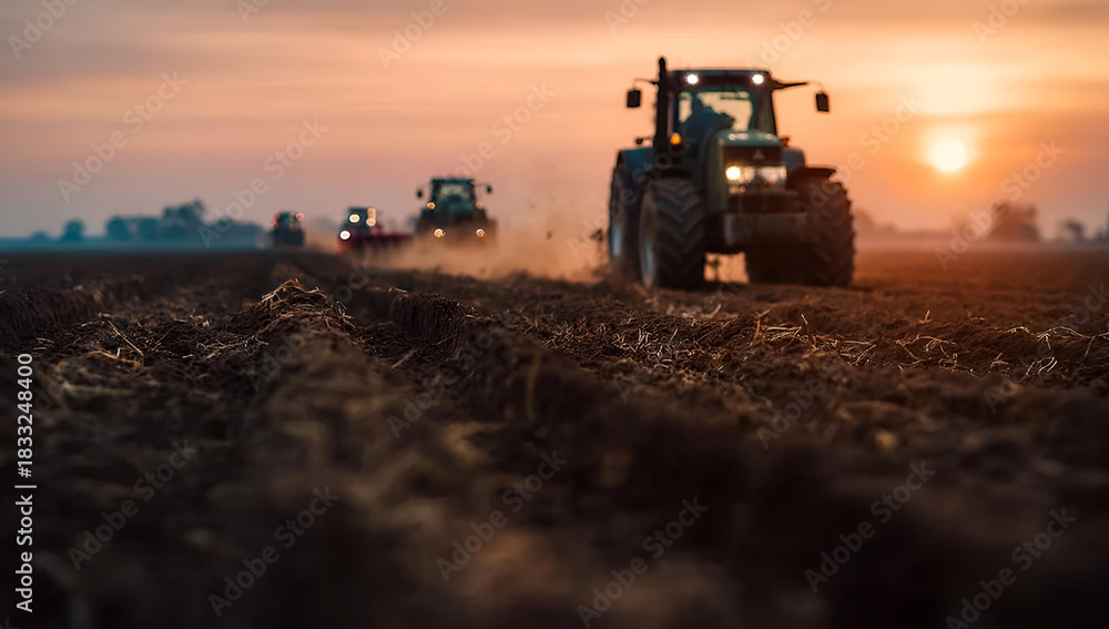 Fototapeta premium Tractors plowing a field at sunset, showcasing agricultural technology and the beauty of rural landscapes.
