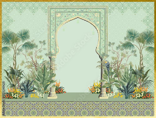 Elegant oriental archway with lush tropical plants for exotic wedding backdrop