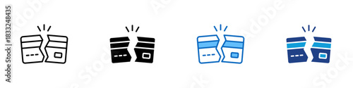 Broken Card Multiple Style Icon Design Vector - cracked credit card symbolizing damaged, invalid, expired, or unusable payment method