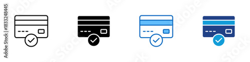 Card Approved Multiple Style Icon Design Vector - credit card with a check mark, showing successful transaction, verification, or valid payment