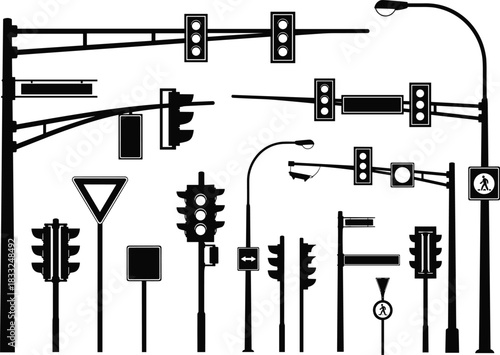Traffic lights and road signs silhouette collection, urban street signal set, transportation safety illustration, city intersection control vector design for traffic management elements