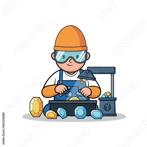 Cartoon Jeweler Crafting Gems with Precision and Expertise.