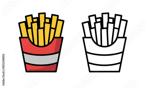 A vibrant, colored illustration of french fries in a red carton sits next to a black and white outline of the same snack.