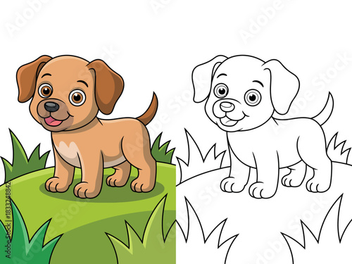 A friendly cartoon puppy stands on a grassy hill, with a coloring outline version shown next to it for artistic activities.