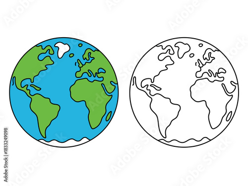 A colorful illustration of planet Earth sits next to a black and white outline version for creative inspiration and educational purposes.