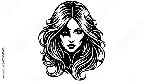 Intricate black and white illustration of a woman's face, with flowing hair.
