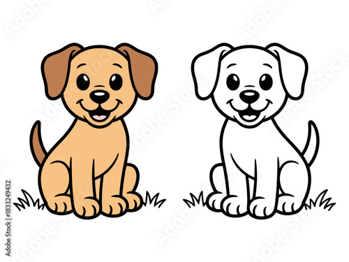 Two cute cartoon puppies sitting on grass, one colored and one outline.