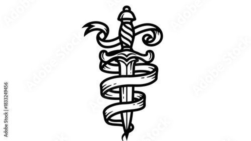Black and white illustration of a stylized dagger or sword with a flowing ribbon wrapped around its blade and hilt, a classic graphic design element.