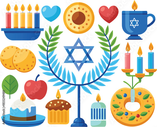 Rosh hashanah and hanukkah holiday symbols and traditional food illustration