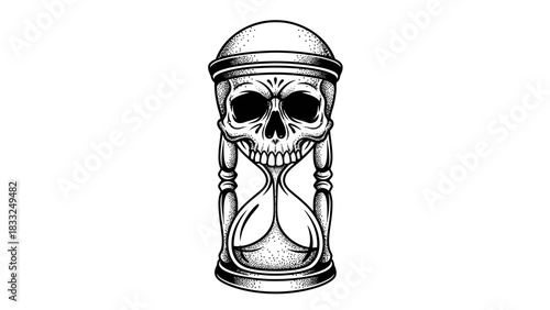 Vintage black and white illustration of an hourglass with a skull integrated into its design, symbolizing time and mortality.