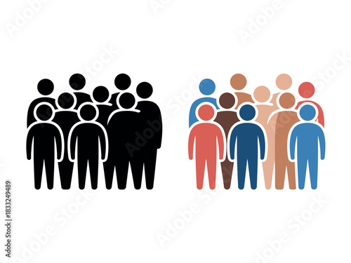 Two distinct groups of stylized human figures are depicted, representing diversity and unity.