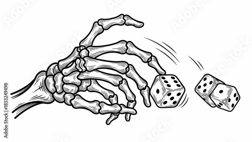 A skeleton hand rolls dice, showing movement lines, against a white background.