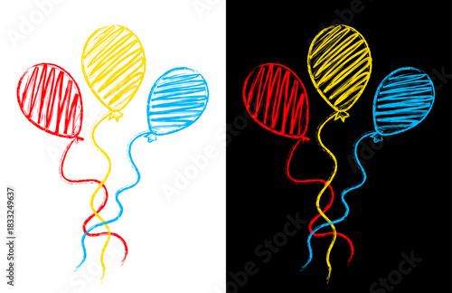 Balloons crayon pencil hand drawn chalk drawing. Chalk floating, flying, party, celebration, silhouette and ribbon glowing symbols in sketch style. Vector doodle texture illustration