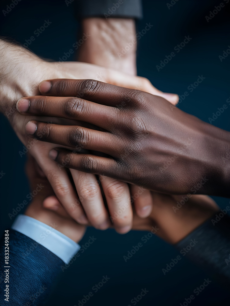 Fototapeta premium Diverse hands unite, symbolizing collaboration, teamwork, and unity in a professional setting. Together we achieve more.