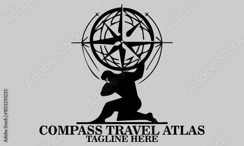Compass travel atlas logo. Compass travel atlas vector illustration, vector of atlas kneeling and holding a compass rose or cardinal points symbol above his head