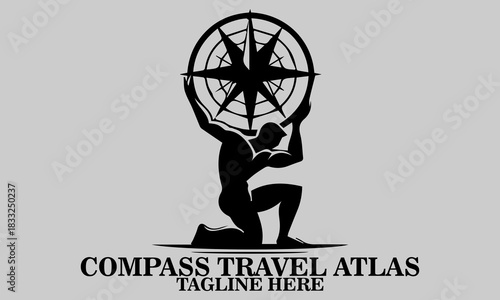 Compass travel atlas logo. Compass travel atlas vector illustration, vector of atlas kneeling and holding a compass rose or cardinal points symbol above his head