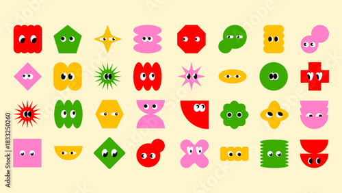 Minimal geometric characters with simple eyes and cute moods on a crisp white background. Printable sticker pack in a playful doodle aesthetic.