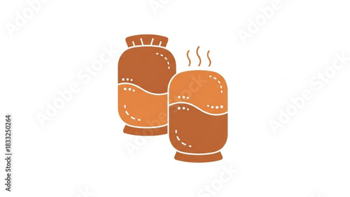 Two stylized rounded brown and orange gas cylinders with white outlines and dotted lines indicating fullness one emitting steam on a white background