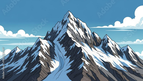 Majestic snow capped mountain range under a bright blue sky with fluffy white clouds a beautiful natural landscape illustration