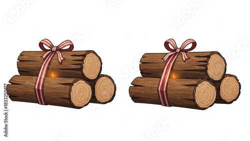 Two cartoon stacks of firewood tied with red and white striped ribbon and bows with a small glowing ember on each stack isolated on white background