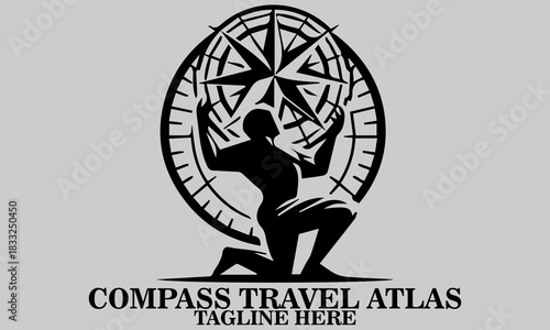 Compass travel atlas logo. Compass travel atlas vector illustration, vector of atlas kneeling and holding a compass rose or cardinal points symbol above his head