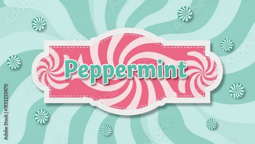 Whimsical peppermint candy design with swirling background and scattered candies