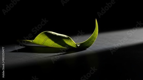 Single Green Leaf on Dark Surface with Dramatic Lighting.